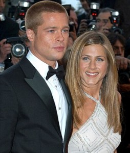 Mandatory Credit: Photo By J F MARTIN / Rex Features Brad Pitt, Jennifer Aniston 57TH INTERNATIONAL CANNES FILM FESTIVAL, FRANCE - 13 MAY 2004 ARGENTINA OUT, AUSTRALIA OUT, BRAZIL OUT, FRANCE OUT, RUSSIA OUT TROY FILM SCREENING BLACK DINNER JACKET BOW TIE WHITE HALTER NECK DRESS SHORT SHAVED CROPPED HAIR HAIRSTYLE HUSBAND WIFE